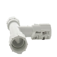Side view of the Dawn KwikRepair 1-inch tee (KRT401-010) highlighting smooth internal sleeve and white PVC finish for irrigation use.