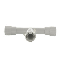 Angled perspective of Dawn KRT401-010 repair tee showing part markings and three-way slip connections for fast inline PVC repairs.
