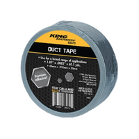 Close-up of a roll of King Innovations silver duct tape (2 in x 60 yd), showing reflective silver finish and printed label on the core.