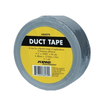 Single roll of King Innovations 9 mil silver duct tape standing on its edge, highlighting the tape width and textured backing.