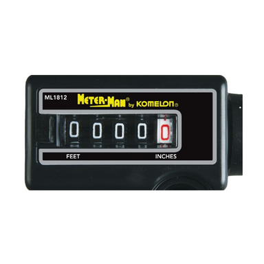 Close-up of Komelon ML1812 magnified 5-digit mechanical counter, push-button reset, and readable feet-and-inches display.