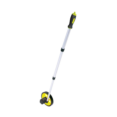 Komelon ML1812 measuring wheel side view showing 6-inch polyvinyl tread, twist-lock telescoping handle, and lightweight durable frame.