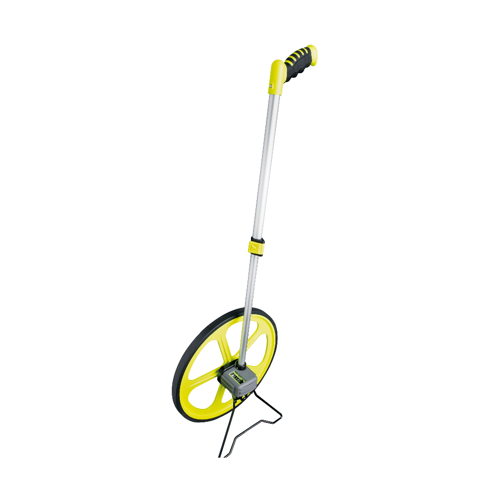Komelon MK4512 14.3-inch measuring wheel in yellow with telescoping pistol-grip handle and visible mechanical counter