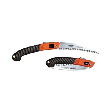Komelon Speed Cut Pro folding saw product photo showing handle and visible hard-chromed blade edge on a white background, folded and safe for storage.