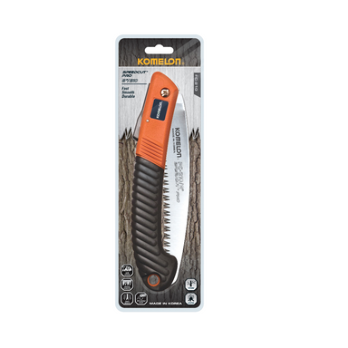 Komelon FC180 Speed Cut Pro folding saw with 7-inch curved hard-chromed steel blade, shown open, displaying the tri-edge teeth.