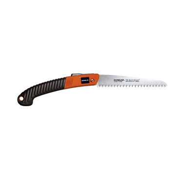 Komelon Speed Cut Pro folding saw with straight 9.5-inch hard-chromed blade shown open against a white background, highlighting the impulse-hardened teeth.