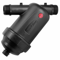 Rain Bird LCRBY150D 1½-inch large-capacity disc filter showing red disc element, durable thermoplastic Y-body, and 1-1/2" NPT ports visible.