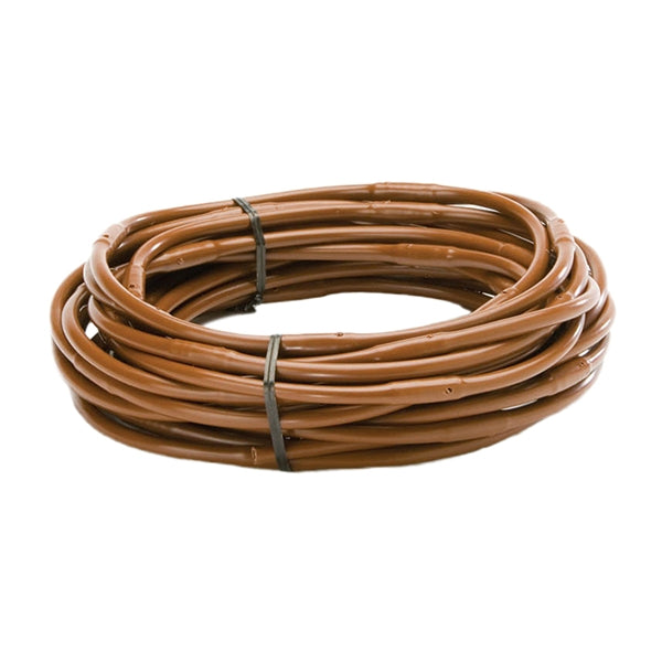 Brown Rain Bird LDQ0806100 1/4 inch dripline coil on white background showing product labeling and tubing texture