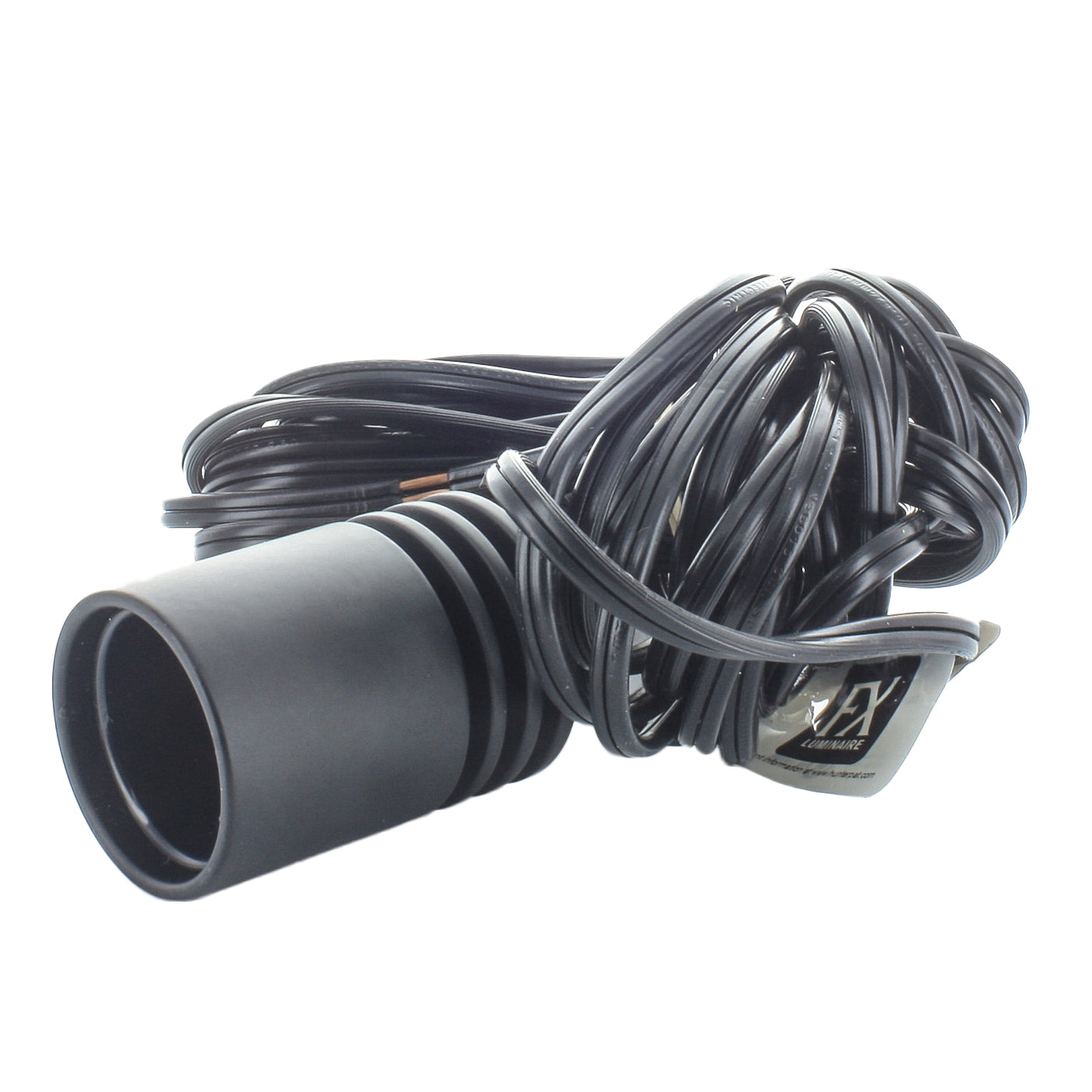 Angled detail of LE1LEDFB showing flat black housing, hanging hook, and the integrated LED module with lead wire attached.