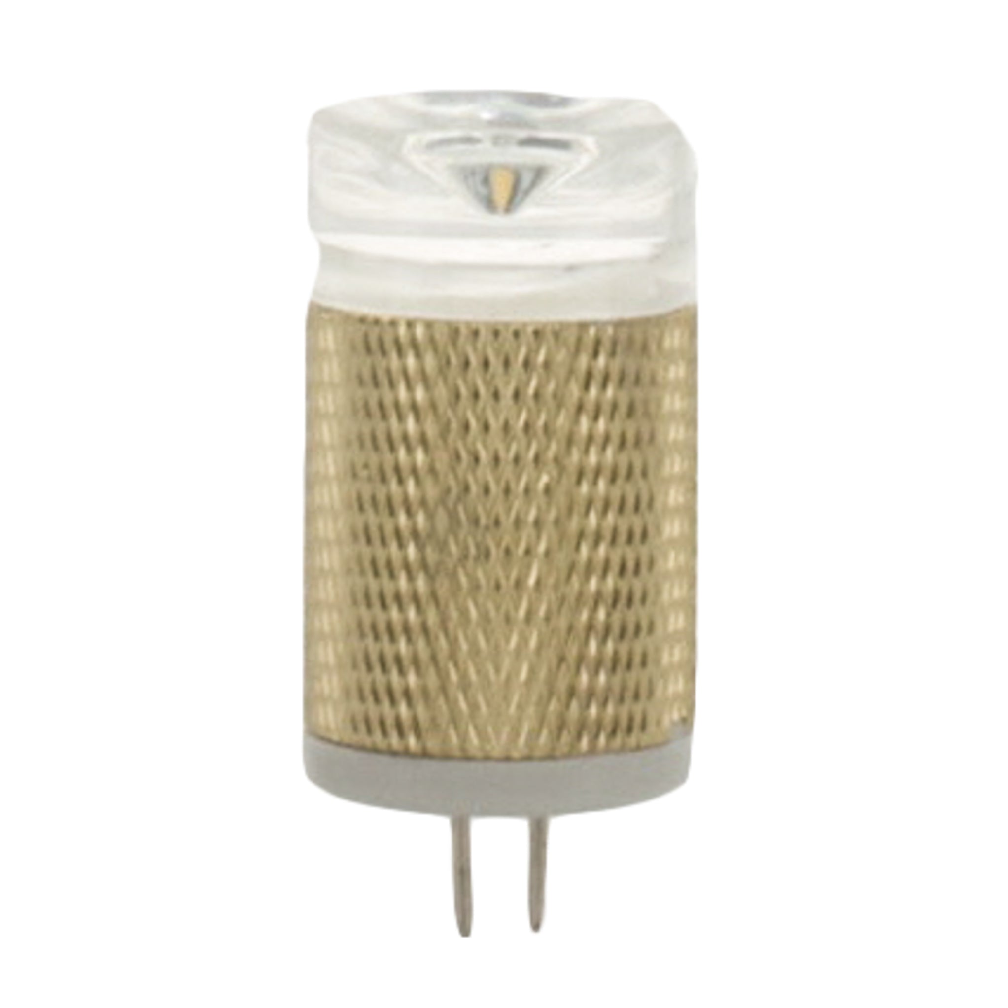 Front view of Unique FLEX GOLD T3 2W 3000K water-resistant LED lamp on white background, clear T3 shape visible and label area.