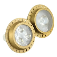 Front view of Unique Flex Gold MR16 LED flood lamp (LED-4W-CM6FL30K) showing lens, reflector, and GU5.3 bi-pin base for 12V fixtures.