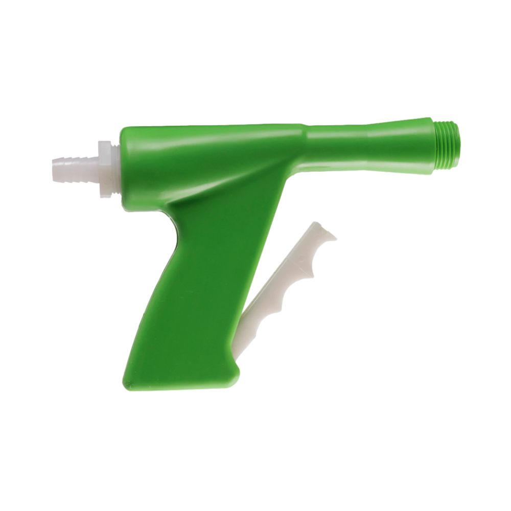 LESCO Chemlawn spray gun 007433 close-up of trigger and hose connection, featuring lockable trigger and 3/4" FNPT inlet.
