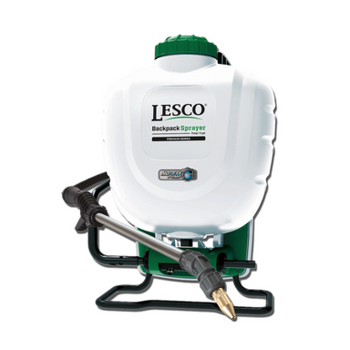 Front view of LESCO 4-gallon No-Leak piston backpack sprayer showing fold-away pump handle, shoulder harness, and wand.