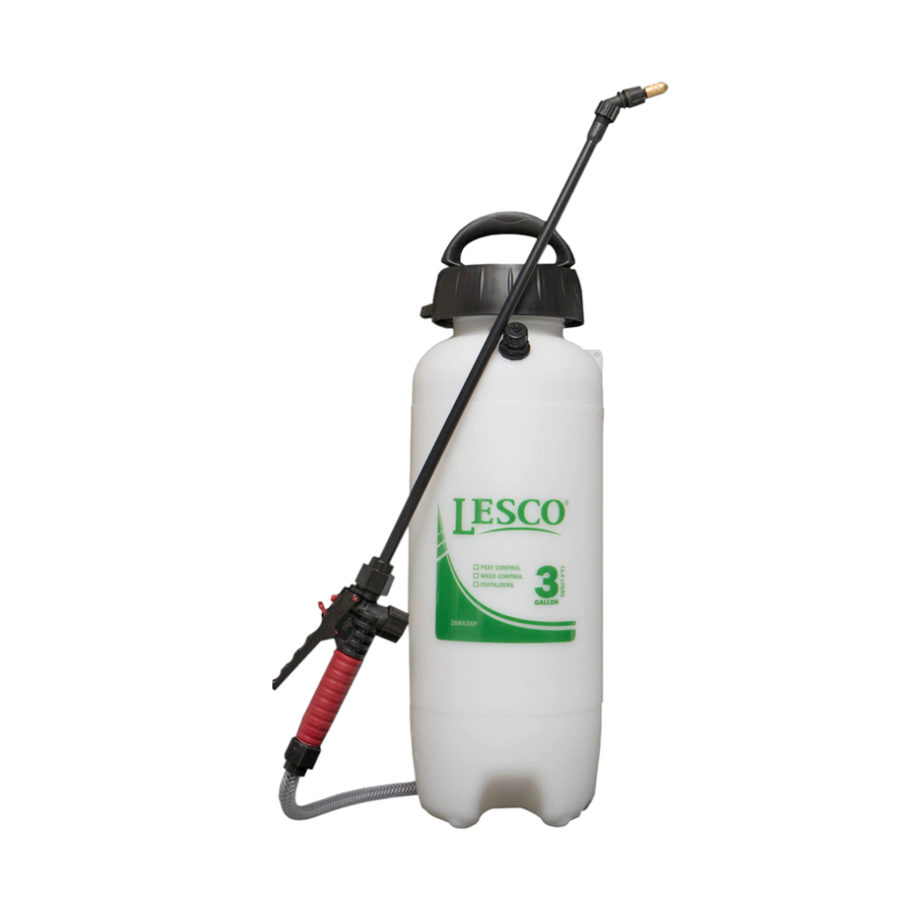 Side view of the LESCO ProSeries handheld sprayer with 48-inch hose and 20-inch poly wand attached, plus nozzle tips visible.