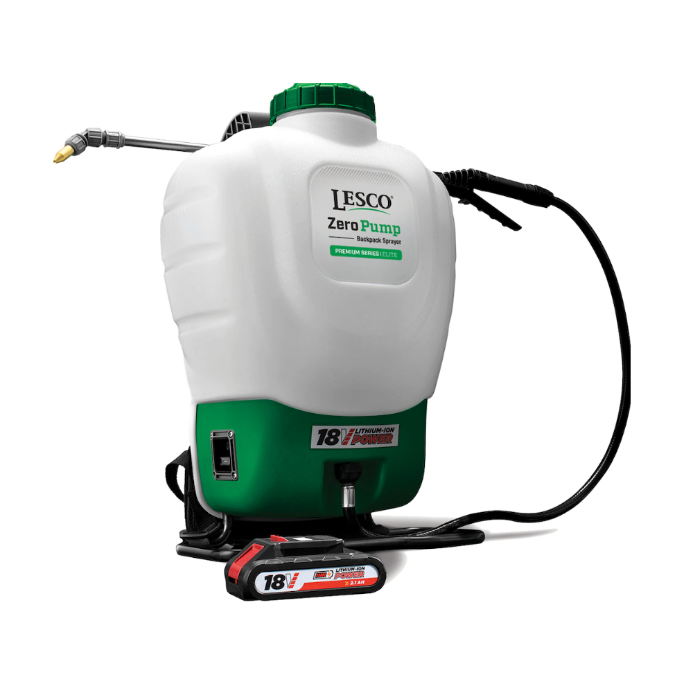 Rear view of LESCO Elite 4-gallon battery backpack sprayer highlighting enclosed 18V battery housing and adjustable harness.