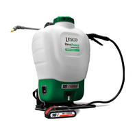 Rear view of LESCO Elite 4-gallon battery backpack sprayer highlighting enclosed 18V battery housing and adjustable harness.