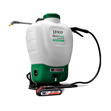 Rear view of LESCO Elite 4-gallon battery backpack sprayer highlighting enclosed 18V battery housing and adjustable harness.