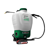 LESCO Zero Pump Elite 4-gallon battery backpack sprayer, front view showing tank, wand, hose, and padded harness.