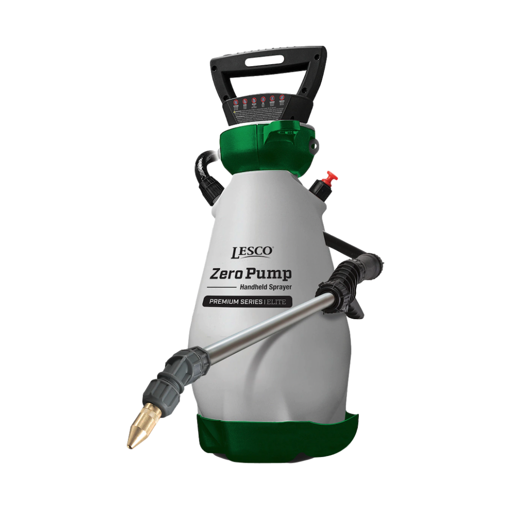 LESCO Zero Pump Elite 2-gallon battery handheld sprayer with 21-inch wand and adjustable brass nozzle.