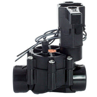 Front view of Rain Bird LFV100 1-inch low-flow drip irrigation valve showing solenoid, inline threaded body, and mounting features for irrigation systems.