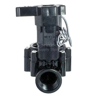 Top and side close-up of the Rain Bird LFV100 solenoid and double-knife diaphragm area, highlighting the valve actuator and pilot assembly.