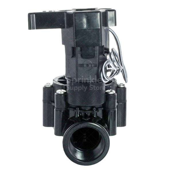 Top and side close-up of the Rain Bird LFV100 solenoid and double-knife diaphragm area, highlighting the valve actuator and pilot assembly.