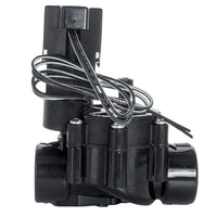 Side view of the Rain Bird LFV100 1" low-flow valve showing threaded inlet/outlet and compact inline design for drip systems.