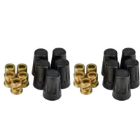 Pack of 10 Unique LWN-10 solid brass threaded lug nuts on white background showing brass finish and threaded interior.