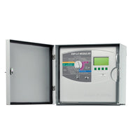 Metal wall-mount cabinet for Rain Bird ESP-LX controllers; powder-coated steel or stainless; mounting hardware included.