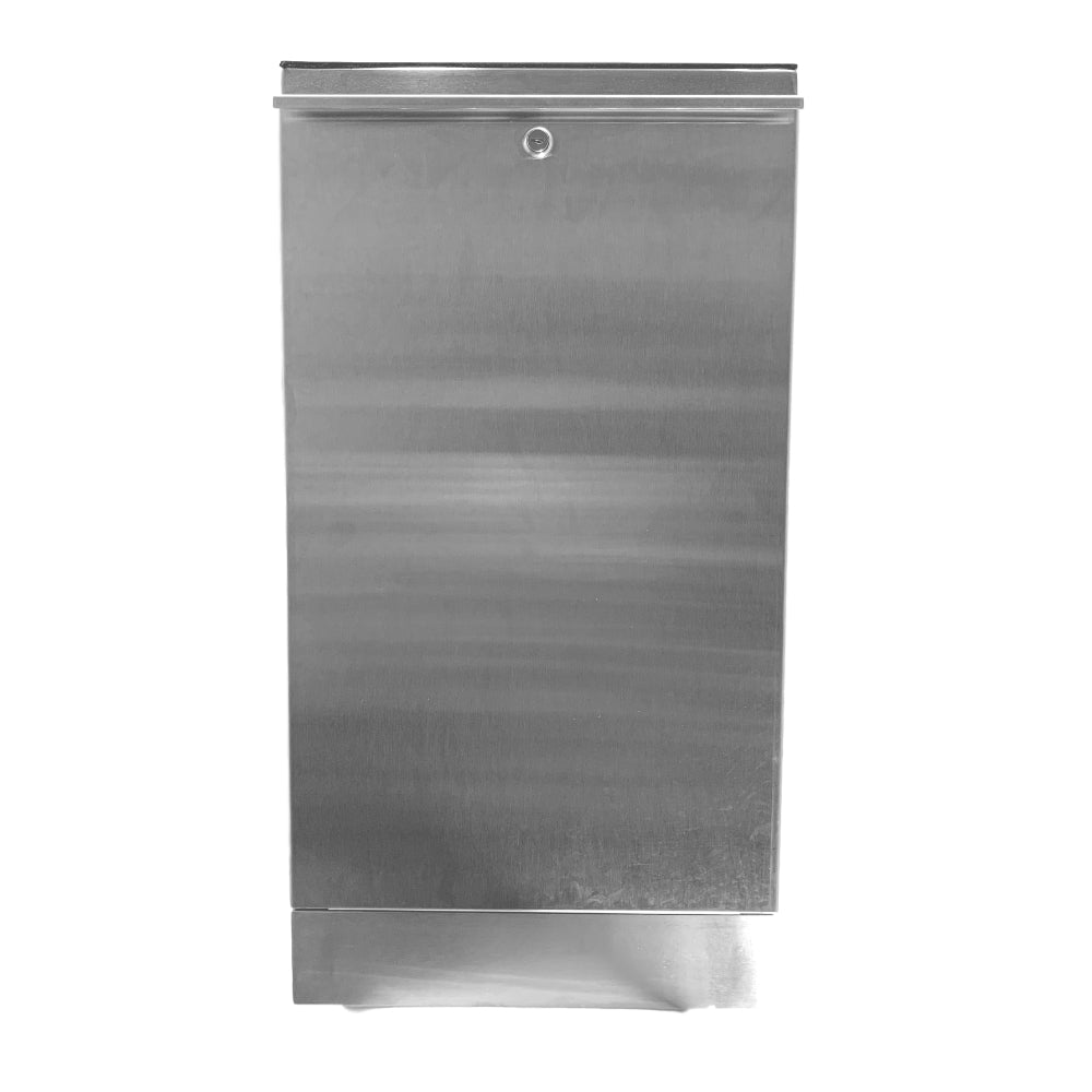 Front view of Rain Bird LXMMSSPED stainless steel pedestal showing mounting plate and included bolts, designed for ESP-LX controllers.