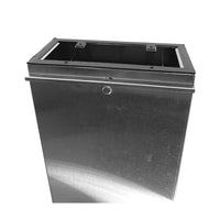 Side angle of LXMMSSPED stainless steel pedestal highlighting stainless finish, base attachment points, and hardware mounting locations.