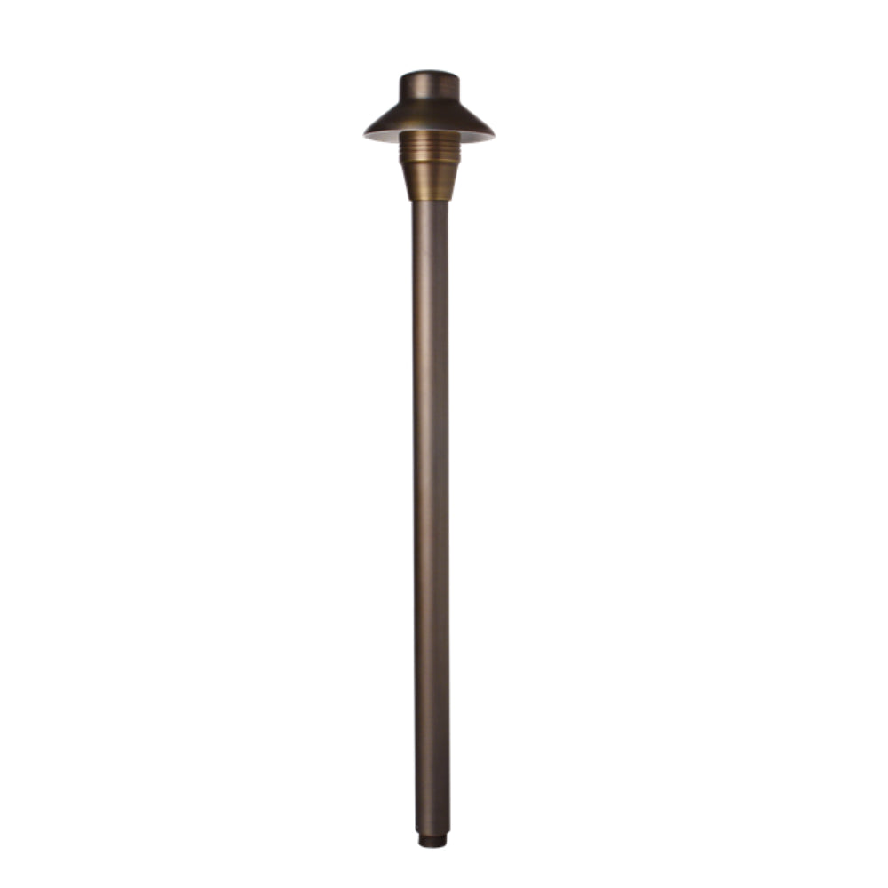 Weathered brass Unique Lancer 4-inch path light with frosted borosilicate lens and 18-inch riser; shown without lamp (25' wire lead).