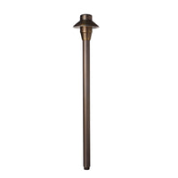 Weathered brass Unique Lancer 4-inch path light with frosted borosilicate lens and 18-inch riser; shown without lamp (25' wire lead).