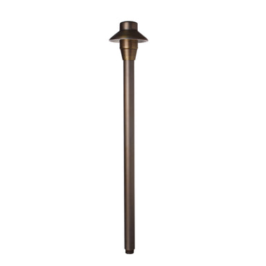 Weathered brass Unique Lancer 4-inch path light with frosted borosilicate lens and 18-inch riser; shown without lamp (25' wire lead).