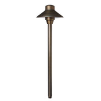Unique Lancer 6-inch brass path light with 12-inch riser in weathered brass finish, frosted glass lens, shown without lamp.