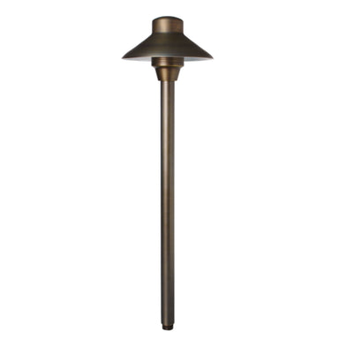 Unique Lancer 6-inch brass path light with 12-inch riser in weathered brass finish, frosted glass lens, shown without lamp.