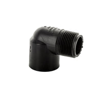 Front view of Spears M412-010 1-inch Marlex HDPE 90-degree street elbow showing male and female threaded ends for irrigation connections.