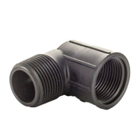 Side-angle close-up of the 1-inch Marlex (HDPE) street elbow highlighting the 90-degree bend and external thread profile of the male end.