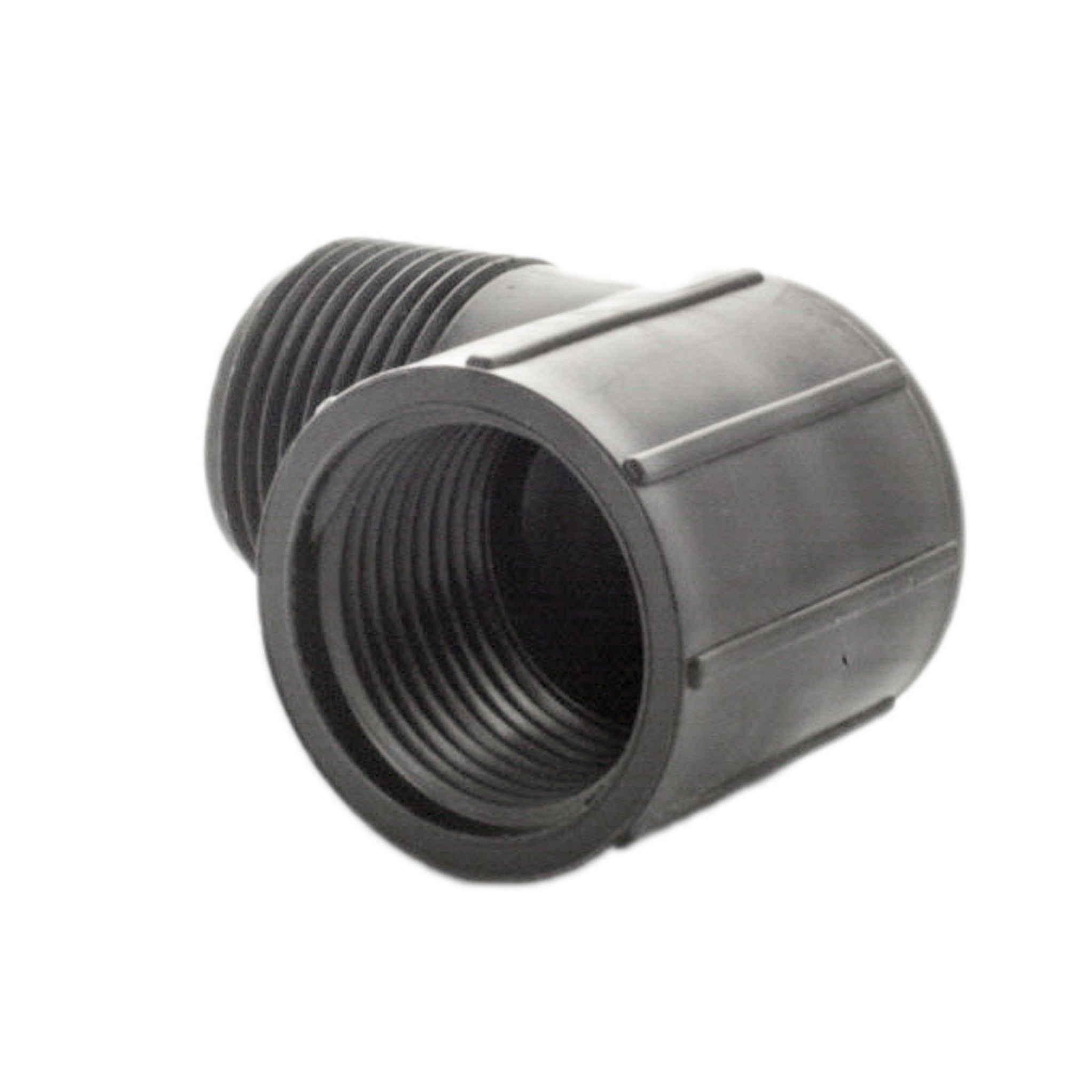 Close detail of female pipe threads and inner socket area on the Spears M412-010 Marlex 1-inch street elbow, ready for assembly.