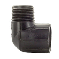 Angled product shot of the M412-010 1-inch HDPE street elbow showing overall shape, thread orientation, and compact profile for sprinkler use.