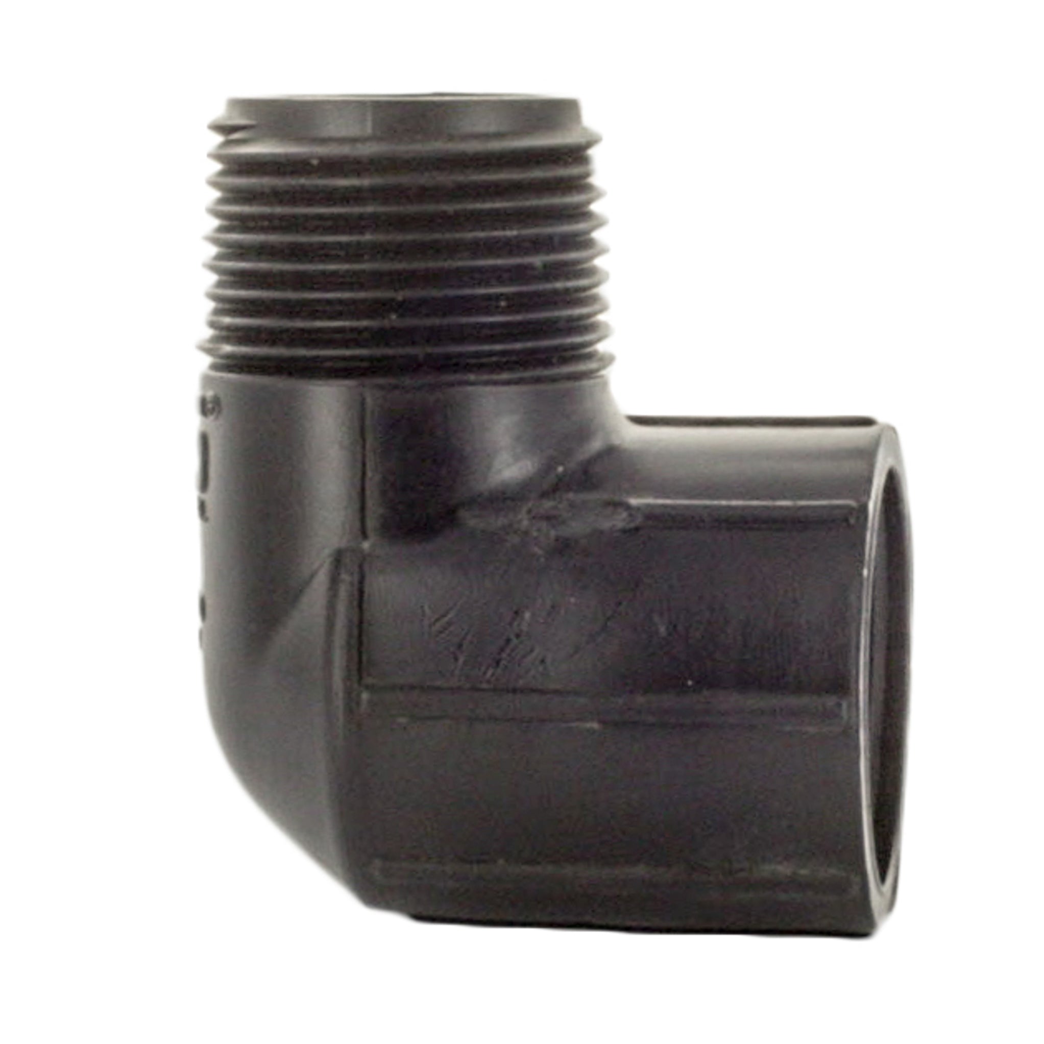 Angled product shot of the M412-010 1-inch HDPE street elbow showing overall shape, thread orientation, and compact profile for sprinkler use.