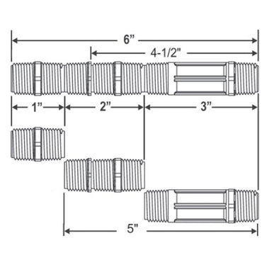 Alternate view of M481-005 1/2 in. x 6 in. poly cut-off riser showing threaded end and cut-off score lines.