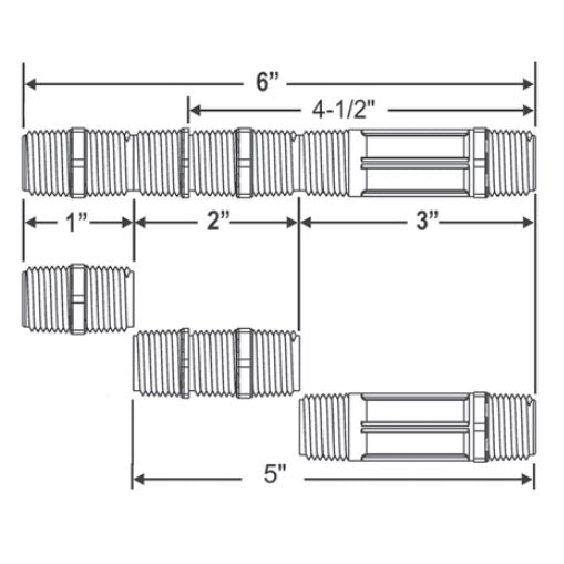 Close-angle view of M481-007 poly cut-off riser showing threads and body profile, 3/4 in. x 6 in. size, clean white background product image.