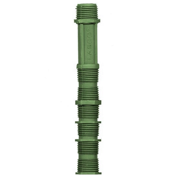 Front view of M481-101 poly cut-off riser, 3/4 in x 1/2 in x 6 in, showing threaded MPT connection and body profile for irrigation use.