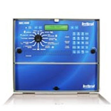 Front view of Irritrol MC-18E Blue Series 18-station commercial irrigation controller in lockable vandal-resistant steel cabinet with blue face panel.