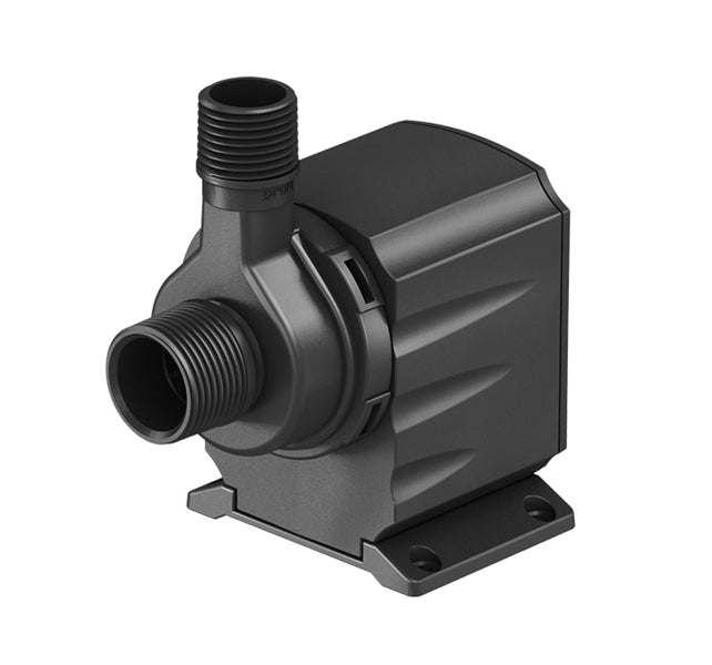 Atlantic Water Gardens MD350 TidalWave mag-drive pump, front view of compact housing with inlet, outlet ports, and pre-filter.