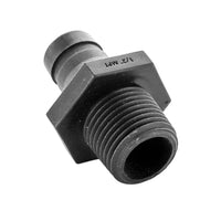 Angled view of Rain Bird MDCF50MPT adapter next to a short length of 1/2 in polyethylene tubing to show fit and scale.