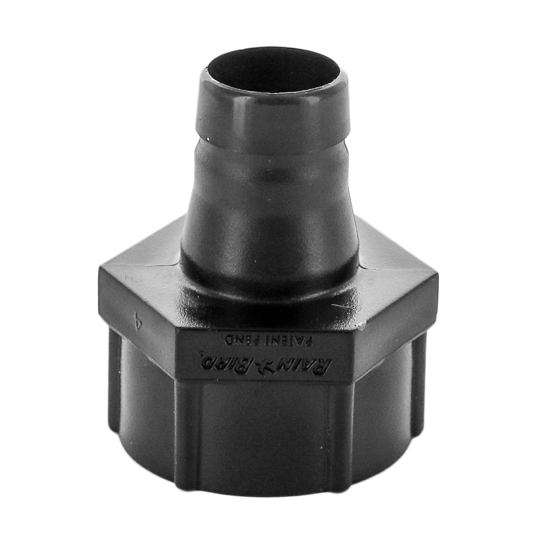 Front view of Rain Bird MDCF75FHT Easy Fit 3/4" female hose-thread to 1/2" compression adapter on white background, showing body and nut.