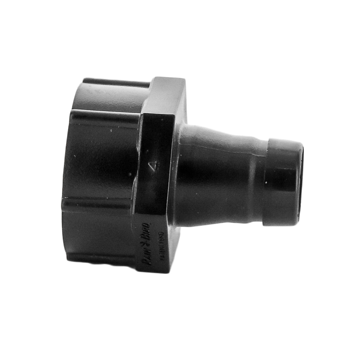 Side view close-up of Rain Bird MDCF75FHT adapter, highlighting compression nut, swivel detail, and thread profile for installation.
