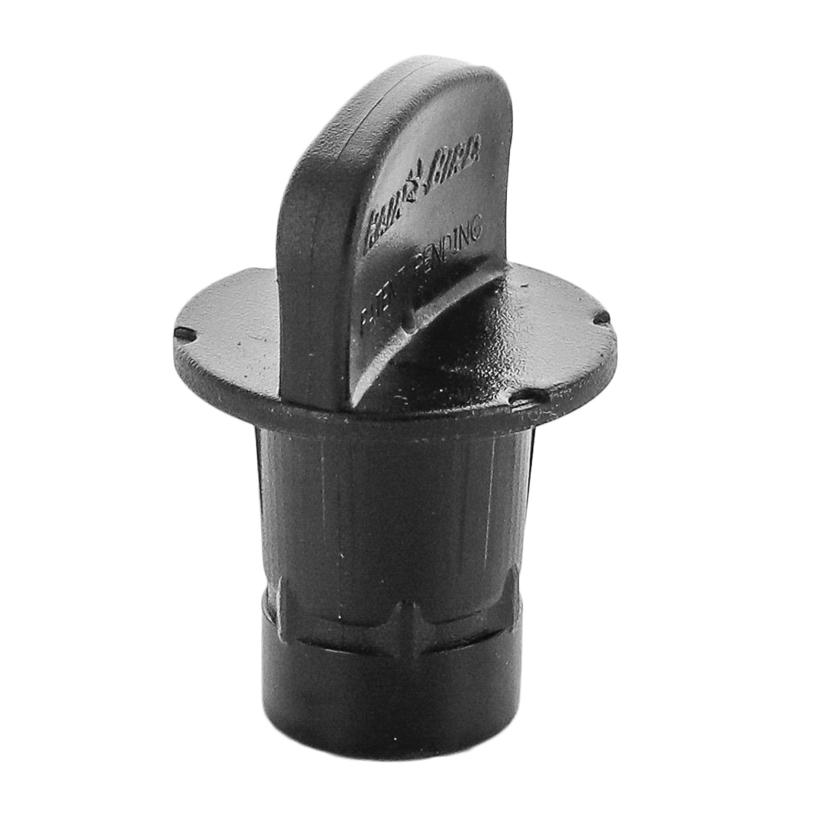 Side-angle view of the Rain Bird MDCFCAP compression flush cap, highlighting the Easy Fit collar and tubing insertion area in black.